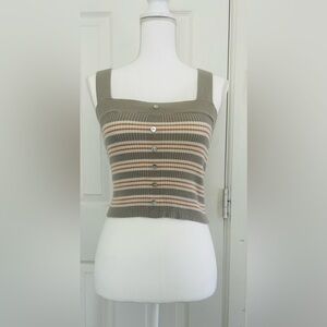 Striped Ribbed Button-Front Crop Tank in Taupe, White & Rust